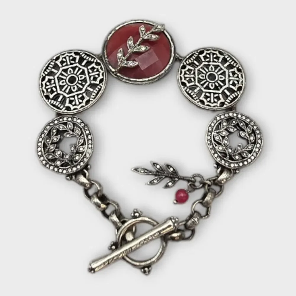 Lucky Brand Red Stone Medallion Bracelet – Rustic Boho Silver Tone